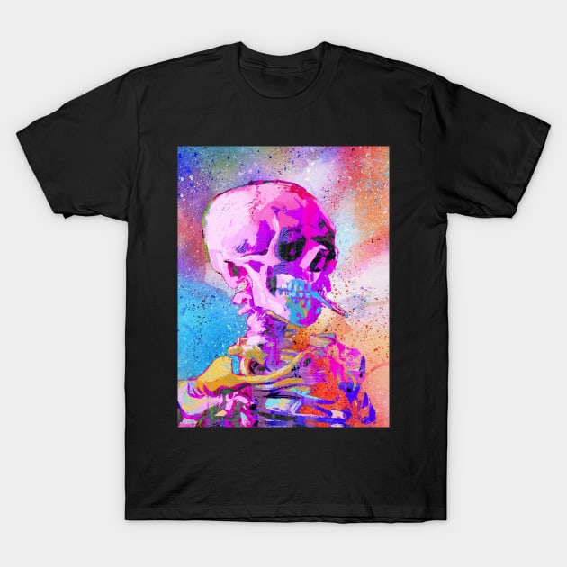 Skull Smoking Skeleton Colorful Pop Art T-Shirt by Pop Factory